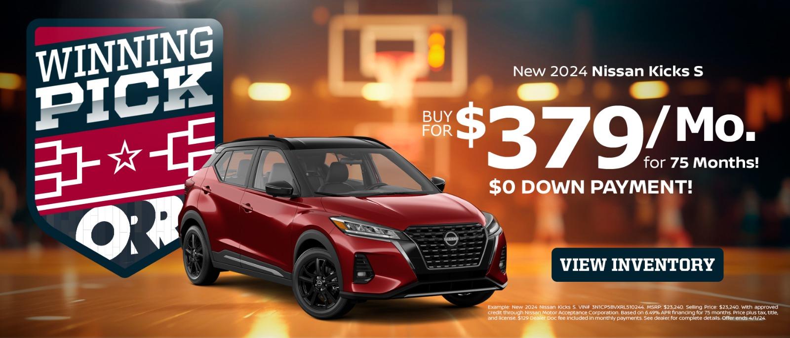 New 2024 Nissan Kicks S
Buy for $379/Mo. for 75 months!
$0 down payment