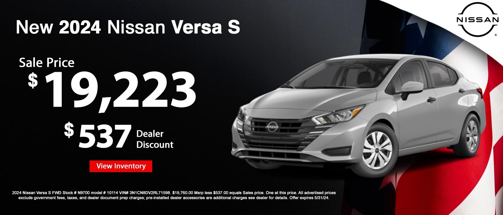 New 2024 Nissan Versa S
Sales price $19,223
$537 dealer discount