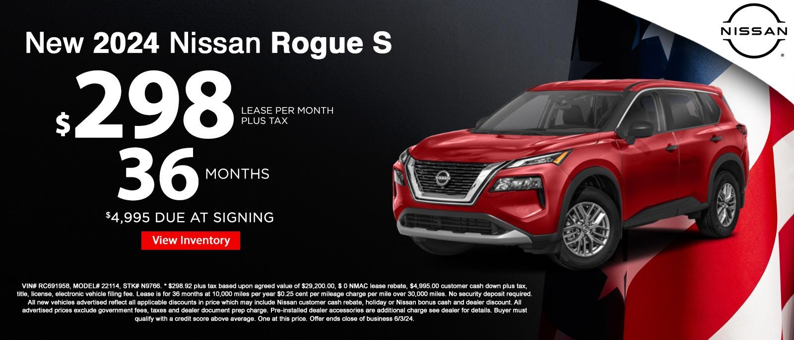 New 2024 Nissan Rogue S
$298 lease per month plus tax
36 months
$4,995 due at signing