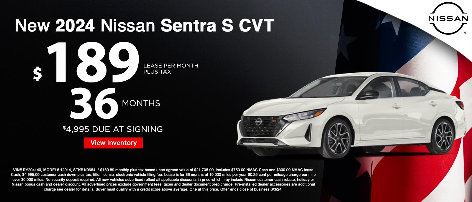 New 2024 Nissan Sentra S CVT
$189 lease per month plus tax
36 months
$4,995 due at signing