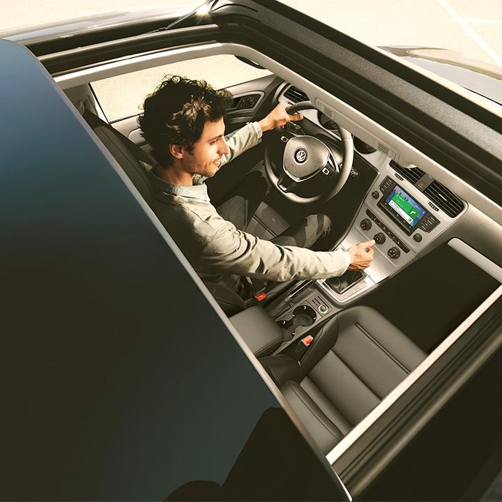 View of Volkswagen Golf interior from sunroof