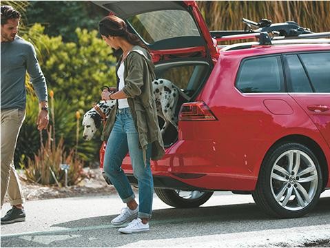 Lifestyle image of couple taking dog from rear hatch. 